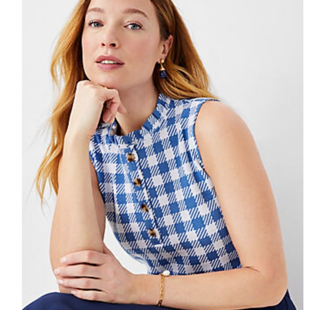 Ann Taylor Plaid Ruffle Neck Button Up Shell